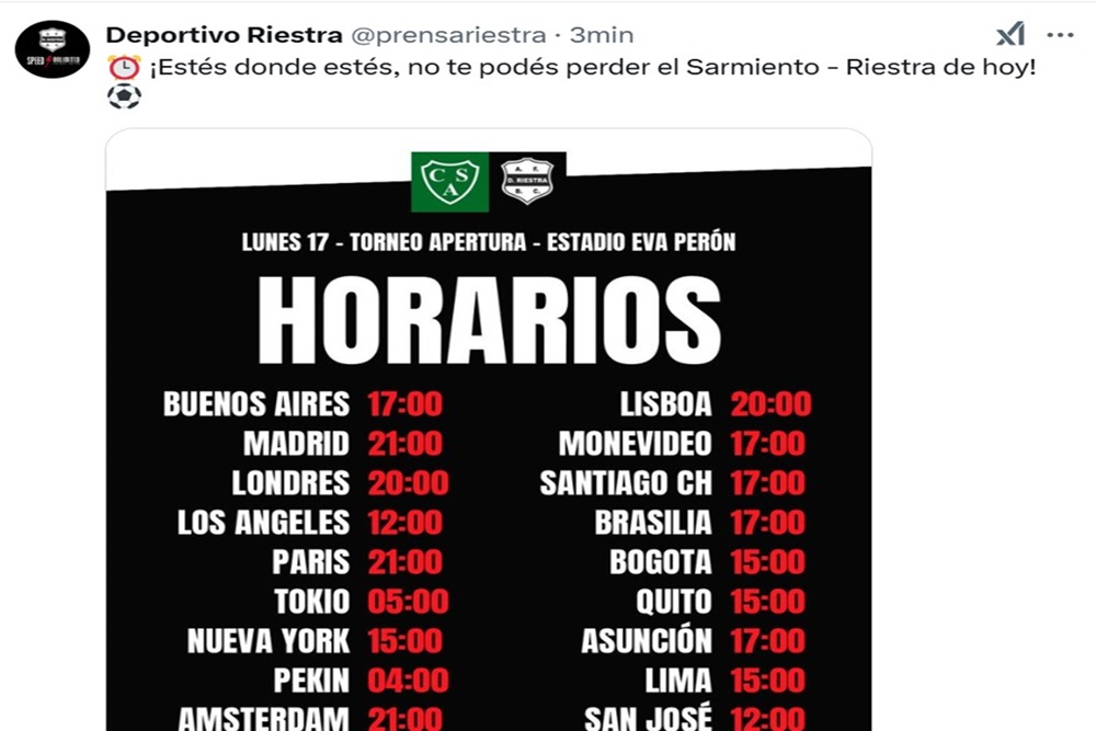 Riestra publicó los horarios del mundo para que nadie se pierda el partido ante Sarmiento