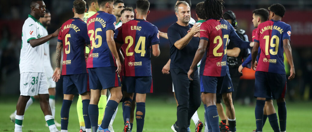 FC Barcelona v Getafe CF - La Liga EA Sports Hansi Flick y Jules Koundé