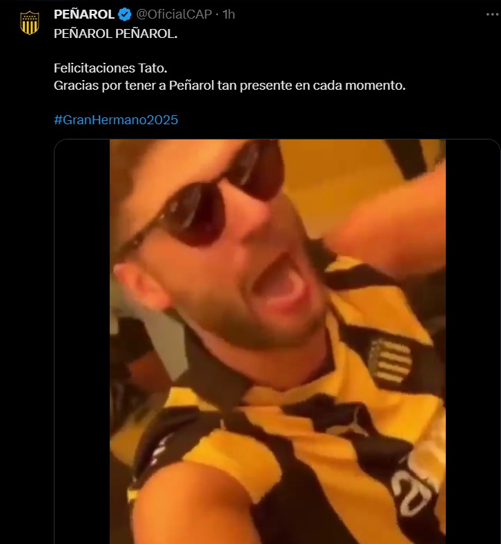 Peñarol celebró el título de Tato en Gran Hermano 2025