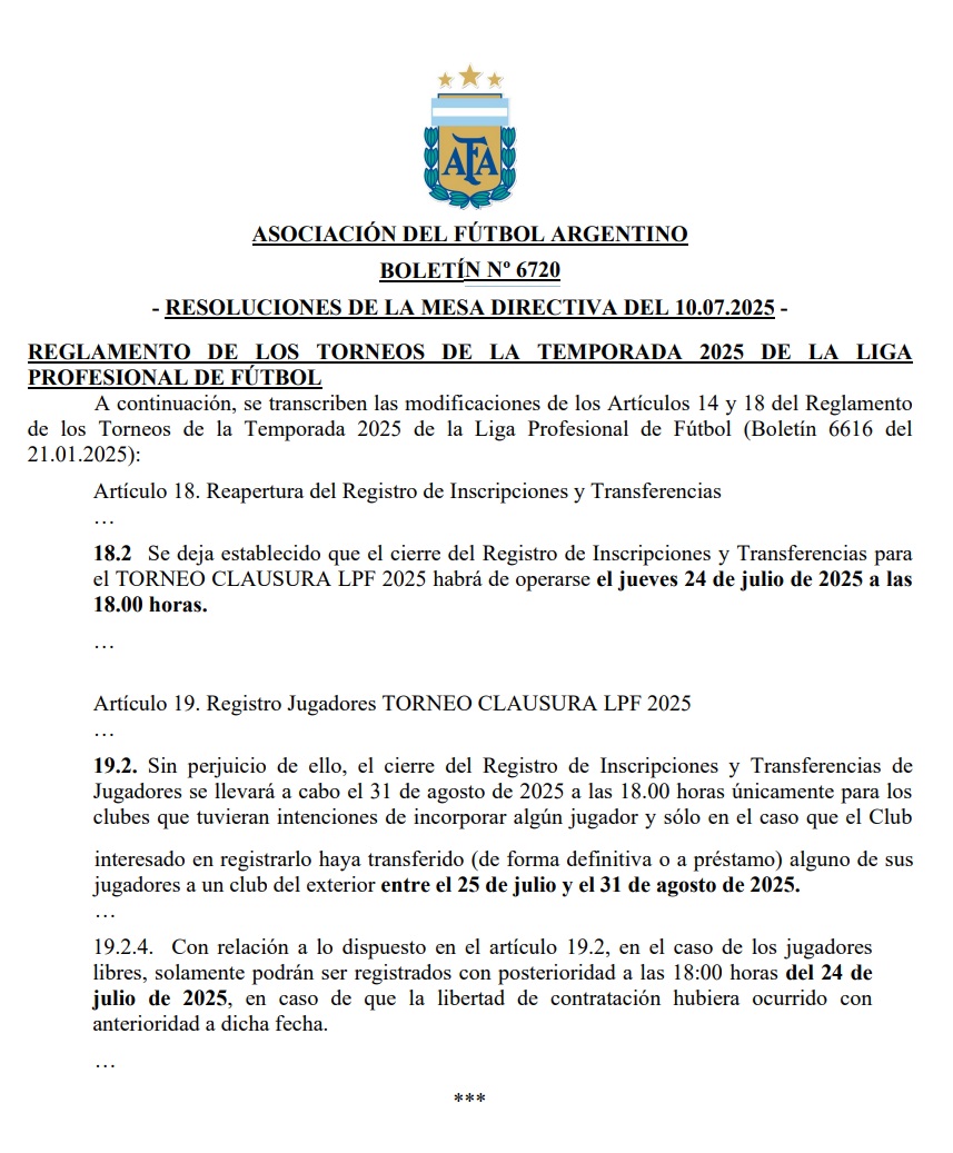 El Mercado de Pases de Argentina se extiende dos semanas