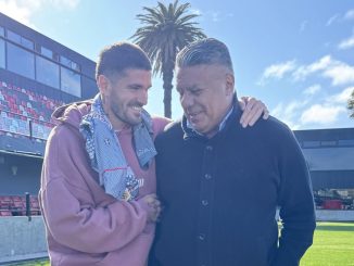 De Paul visitó el estadio de Barracas Central con Chiqui Tapia